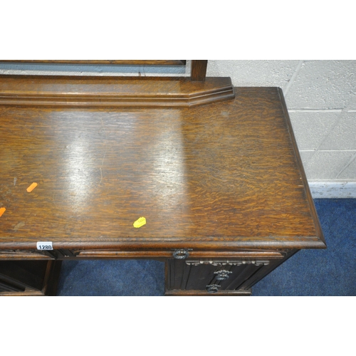 1280 - AN EARLY 20TH CENTURY OAK DRESSING TABLE, fitted with a single mirror, and six assorted drawers, wid... 