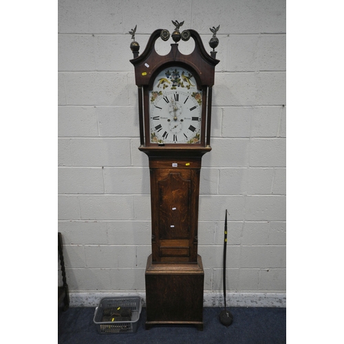 1282 - AN EARLY 19TH CENTURY OAK LONGCASE CLOCK, with three brass finials, twin swan neck pediment, the arc... 