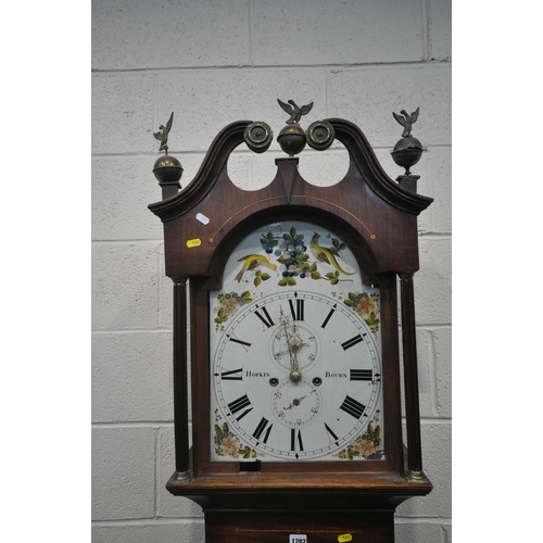 1282 - AN EARLY 19TH CENTURY OAK LONGCASE CLOCK, with three brass finials, twin swan neck pediment, the arc... 