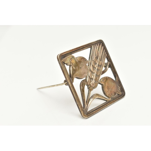 1 - A 'GEORG JENSEN' BROOCH, of a square form depicting two birds either side of a wheat sheaf, fitted w... 