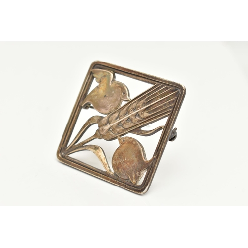 1 - A 'GEORG JENSEN' BROOCH, of a square form depicting two birds either side of a wheat sheaf, fitted w... 