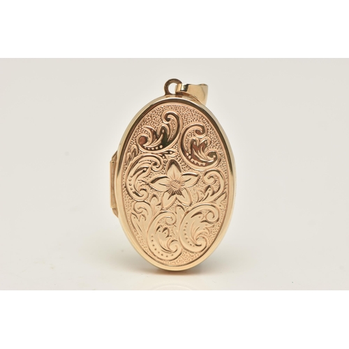 10 - A 9CT GOLD OVAL LOCKET, floral detailed oval hinged locket, fitted with a tapered bail, hallmarked 9... 