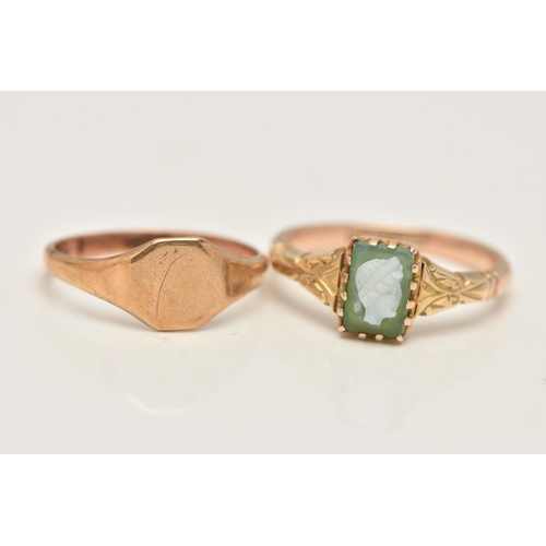 11 - A 9CT GOLD SIGNET RING AND A CAMEO RING, the vacant square signet ring leading onto a polished band,... 