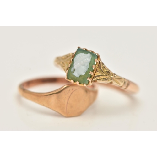 11 - A 9CT GOLD SIGNET RING AND A CAMEO RING, the vacant square signet ring leading onto a polished band,... 