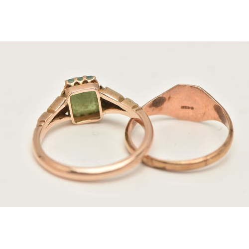 11 - A 9CT GOLD SIGNET RING AND A CAMEO RING, the vacant square signet ring leading onto a polished band,... 