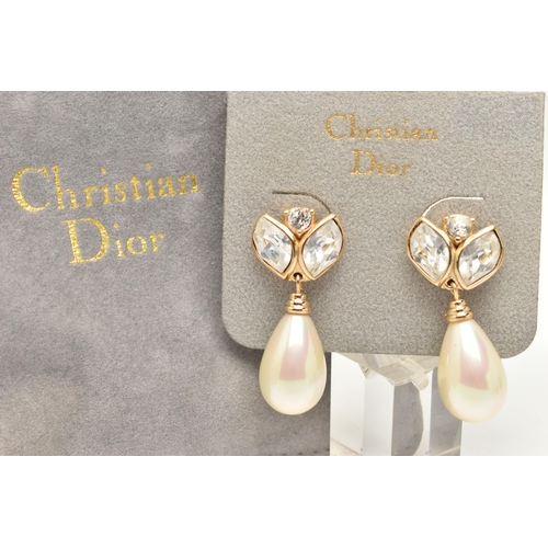 2 - A PAIR OF 'CHRISTIAN DIOR' DROP EARRINGS, each earring designed with three colourless pastes with a ... 