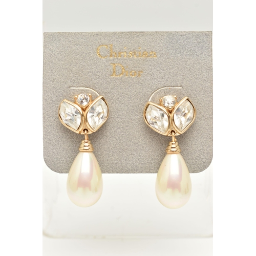 2 - A PAIR OF 'CHRISTIAN DIOR' DROP EARRINGS, each earring designed with three colourless pastes with a ... 