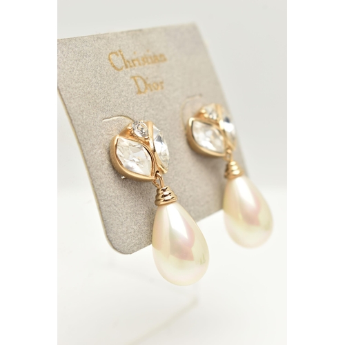 2 - A PAIR OF 'CHRISTIAN DIOR' DROP EARRINGS, each earring designed with three colourless pastes with a ... 