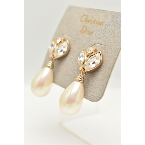 2 - A PAIR OF 'CHRISTIAN DIOR' DROP EARRINGS, each earring designed with three colourless pastes with a ... 