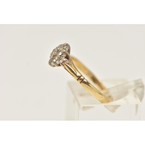 21 - AN 18CT GOLD DIAMOND CLUSTER RING, nine round brilliant cut diamonds, prong set in white gold, leadi... 