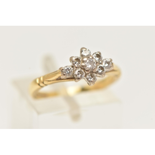 21 - AN 18CT GOLD DIAMOND CLUSTER RING, nine round brilliant cut diamonds, prong set in white gold, leadi... 