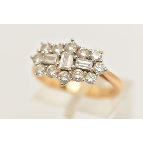 26 - AN 18CT GOLD DIAMOND CLUSTER RING, three baguette cut diamonds, prong set with a surround of twelve ... 