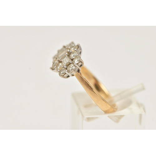 26 - AN 18CT GOLD DIAMOND CLUSTER RING, three baguette cut diamonds, prong set with a surround of twelve ... 