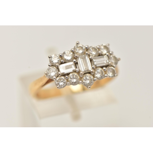 26 - AN 18CT GOLD DIAMOND CLUSTER RING, three baguette cut diamonds, prong set with a surround of twelve ... 