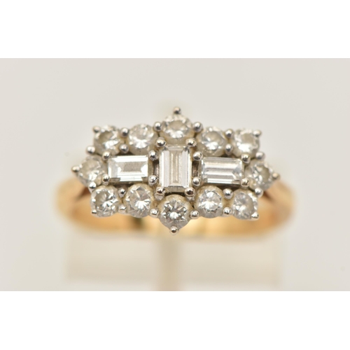 26 - AN 18CT GOLD DIAMOND CLUSTER RING, three baguette cut diamonds, prong set with a surround of twelve ... 