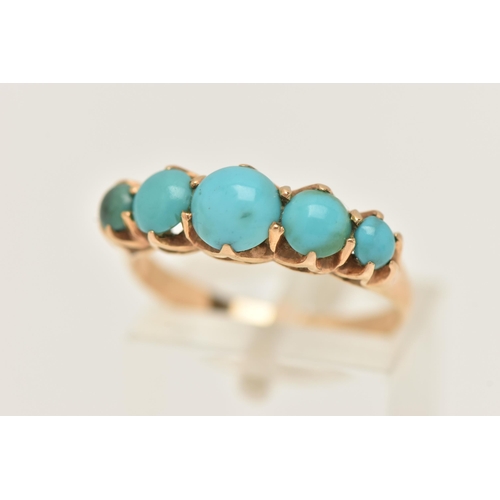 28 - AN EARLY 20TH CENTURY TURQUOISE RING, five round cabochon turquoise stones, prong set in yellow meta... 