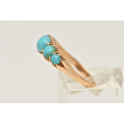 28 - AN EARLY 20TH CENTURY TURQUOISE RING, five round cabochon turquoise stones, prong set in yellow meta... 