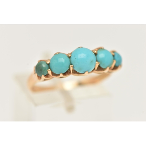 28 - AN EARLY 20TH CENTURY TURQUOISE RING, five round cabochon turquoise stones, prong set in yellow meta... 