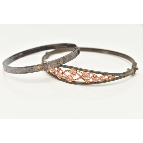 29 - A 'CLOGAU' TREE OF LIFE BRACELET, a silver hinged bangle with open work rose metal foliage detail, f... 