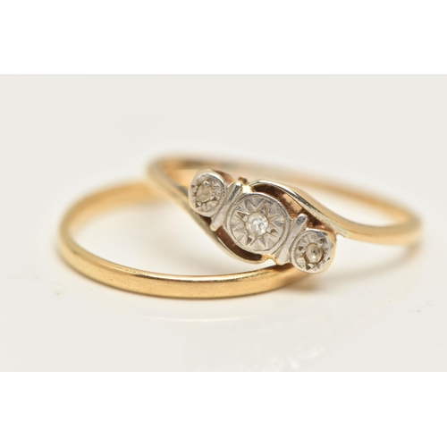 3 - AN 18CT GOLD POLISHED BAND RING AND A YELLOW METAL DIAMOND RING, thin polished band, 1.6mm, hallmark... 