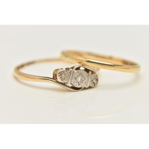 3 - AN 18CT GOLD POLISHED BAND RING AND A YELLOW METAL DIAMOND RING, thin polished band, 1.6mm, hallmark... 