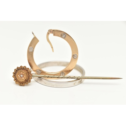 31 - A SMALL ASSORTMENT OF JEWELLERY, to include a single yellow gold hoop earring, hallmarked 9ct Sheffi... 