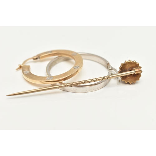 31 - A SMALL ASSORTMENT OF JEWELLERY, to include a single yellow gold hoop earring, hallmarked 9ct Sheffi... 