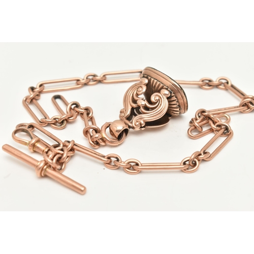 34 - AN EARLY 20TH CENTURY ALBERT CHAIN AND FOB, the 9ct Albert chain with T-bar and lobster clasp, each ... 