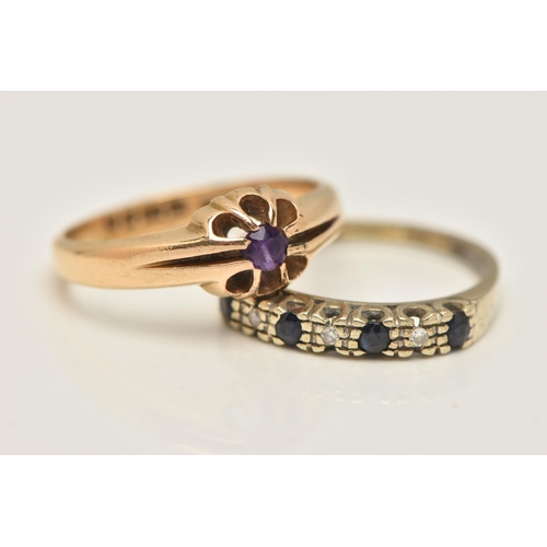 35 - TWO GOLD GEM SET RINGS, the first an 18ct gold ring designed with a central claw set circular amethy... 