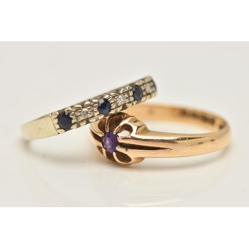 35 - TWO GOLD GEM SET RINGS, the first an 18ct gold ring designed with a central claw set circular amethy... 