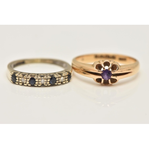 35 - TWO GOLD GEM SET RINGS, the first an 18ct gold ring designed with a central claw set circular amethy... 