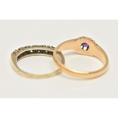 35 - TWO GOLD GEM SET RINGS, the first an 18ct gold ring designed with a central claw set circular amethy... 