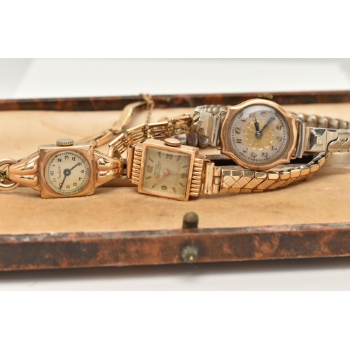 36 - THREE GOLD WATCHES, the first an Audax watch with gold head and rolled gold strap, inner head with 9... 