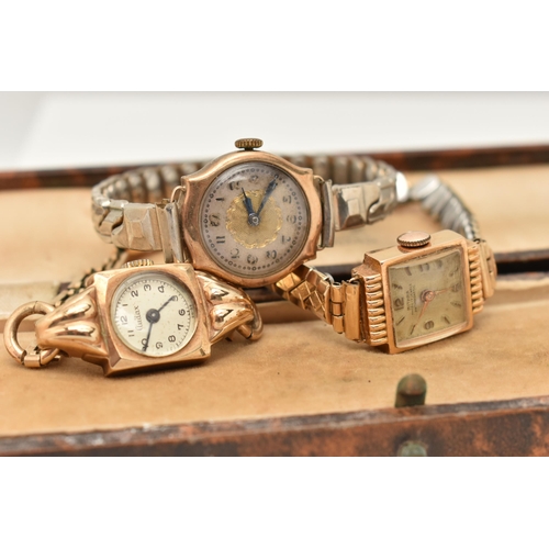 36 - THREE GOLD WATCHES, the first an Audax watch with gold head and rolled gold strap, inner head with 9... 