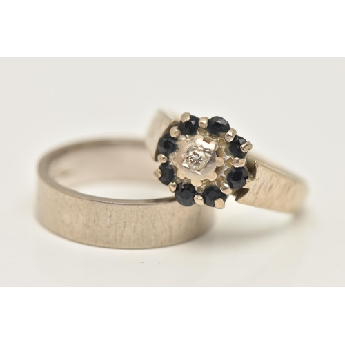 37 - TWO 18CT WHITE GOLD RINGS, the first a diamond and sapphire cluster ring with tapered textured band,... 