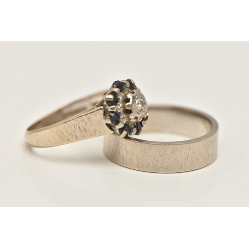 37 - TWO 18CT WHITE GOLD RINGS, the first a diamond and sapphire cluster ring with tapered textured band,... 