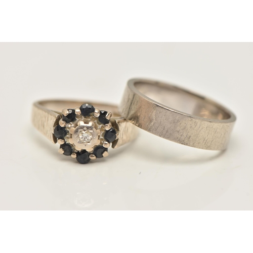 37 - TWO 18CT WHITE GOLD RINGS, the first a diamond and sapphire cluster ring with tapered textured band,... 