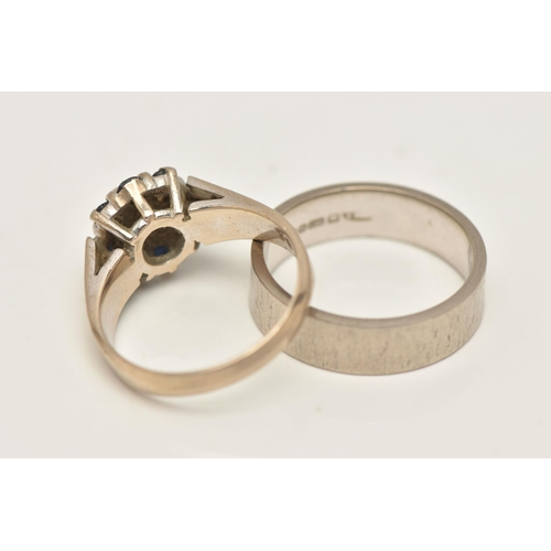 37 - TWO 18CT WHITE GOLD RINGS, the first a diamond and sapphire cluster ring with tapered textured band,... 