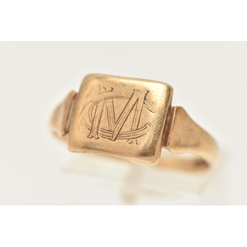 4 - A 9CT GOLD SIGNET RING, of a square from with engraved monogram, to a polished band, hallmarked 9ct ... 