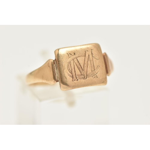 4 - A 9CT GOLD SIGNET RING, of a square from with engraved monogram, to a polished band, hallmarked 9ct ... 