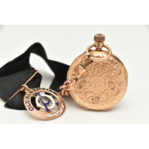 45 - A YELLOW METAL OPEN FACE POCKET WATCH WITH FOB RIBBON, manual wound, open face pocket watch, gold fl... 