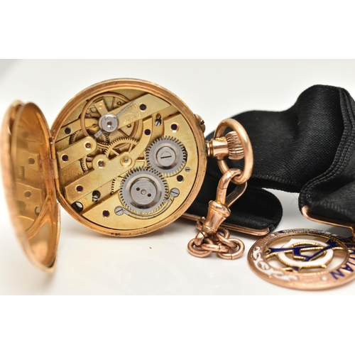 45 - A YELLOW METAL OPEN FACE POCKET WATCH WITH FOB RIBBON, manual wound, open face pocket watch, gold fl... 