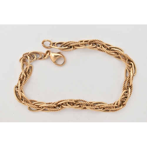 46 - A 9CT GOLD FANCY LINK BRACELET, designed as rope twist and polished oval interlocking links, fitted ... 