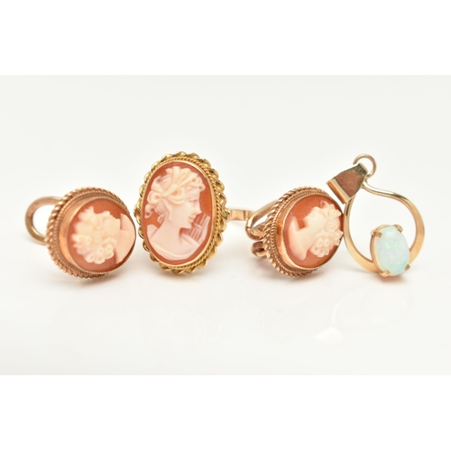 47 - A YELLOW METAL CAMEO RING, A PAIR OF 9CT GOLD CAMEO EARRINGS AND A YELLOW METAL OPAL PENDANT, the ri... 