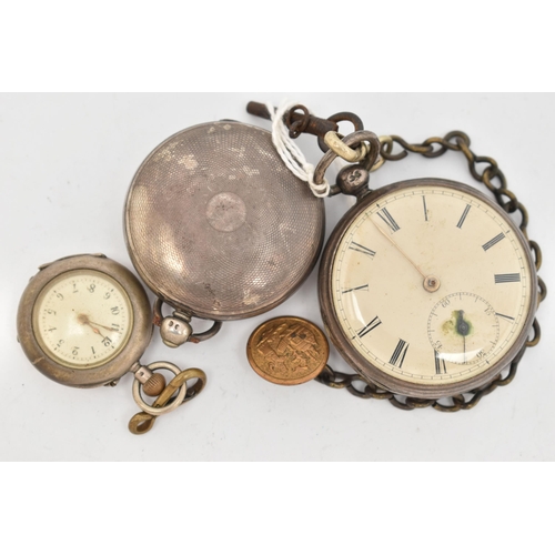 54 - THREE POCKET WATCHES, to include an early Victorian silver open face pocket watch, with metal chain,... 