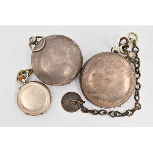 54 - THREE POCKET WATCHES, to include an early Victorian silver open face pocket watch, with metal chain,... 