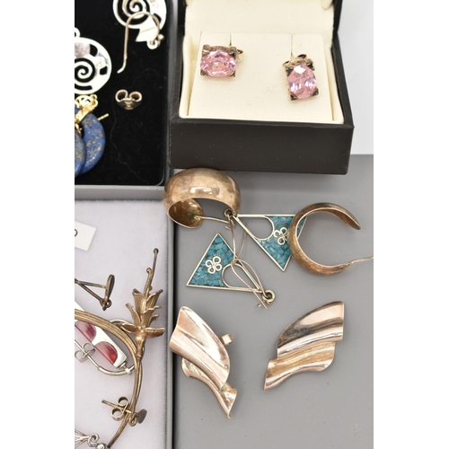 55 - A SELECTION OF WHITE METAL EARRINGS, to include a pair of Blue John triangular cut drop earrings, to... 