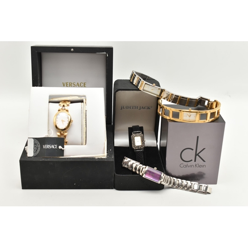 59 - AN ASSORTMENT OF LADIES WATCHES, five quartz wristwatches, to include 'Versace' 60Q90, 'Calvin Klein... 