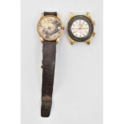 60 - TWO WATCHES, to include an Omega with baton hour markers and brown leather strap, together with a Ti... 