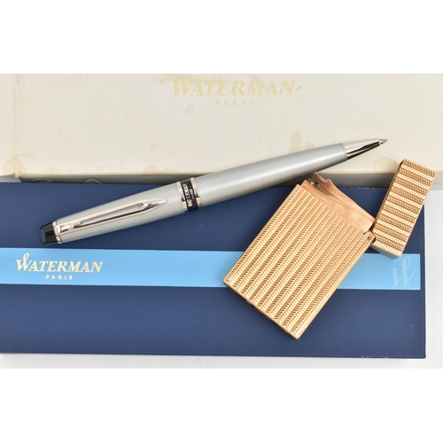 63 - A CASED WATERMAN BALLPOINT PEN AND A DUPONT LIGHTER, the pen with matt silver colour case and black ... 